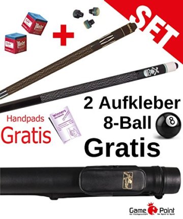 Partnerangebot: Billard-Queues Black Death und Tycoon TC-3 blau, 2-tlg. mit Köcher Laperti 2/2 PVC schwarz mit Zubehör + WINNERS Handpads + 2 Aufkleber 8-Ball GRATIS - 1